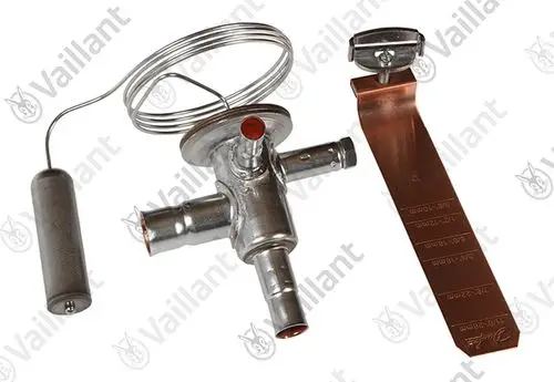 Vaillant Ventil mit zwei Anschlussrohren, einem Heißdraht und einer Metallplatte zur Messung. Das Produkt ist zur Verwendung in Heiz- oder Kühlsystemen bestimmt.